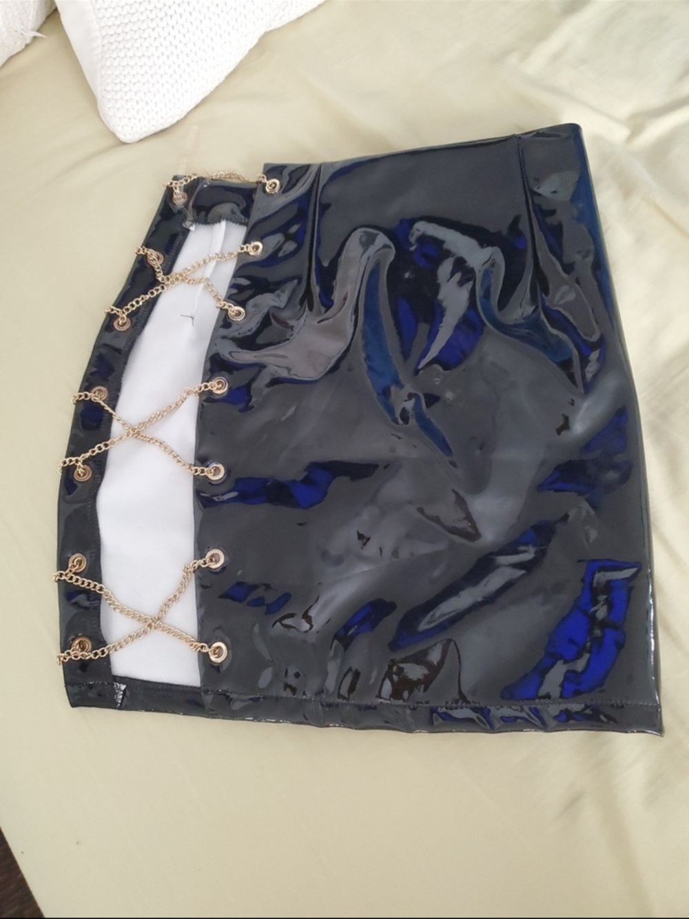 Fashion Nova Black Patent Mini Skirt with Gold Chain Lace-Up